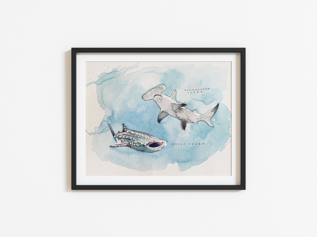 painting of sharks